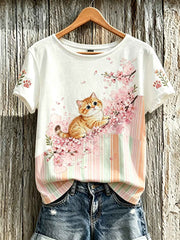 Women's cute cat and flower pattern printed casual short-sleeve T-shirt