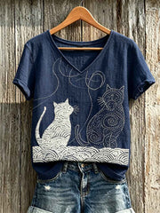 Women's Cats Japanese Sashiko Art Print linen short-sleeved T-shirt