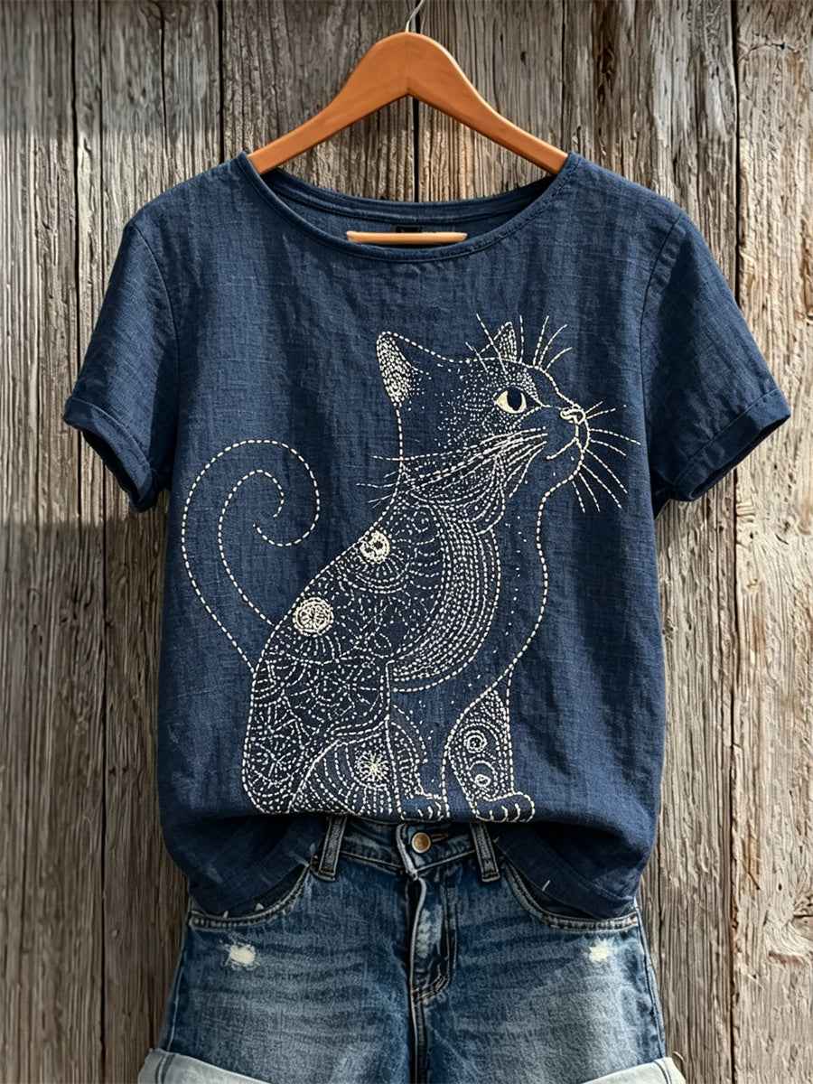 Women's Cat Japanese Sashiko Art Print linen short-sleeved T-shirt