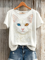 Women's Classy Heterochromia White Cat Print short-sleeved T-shirt gracestitchs