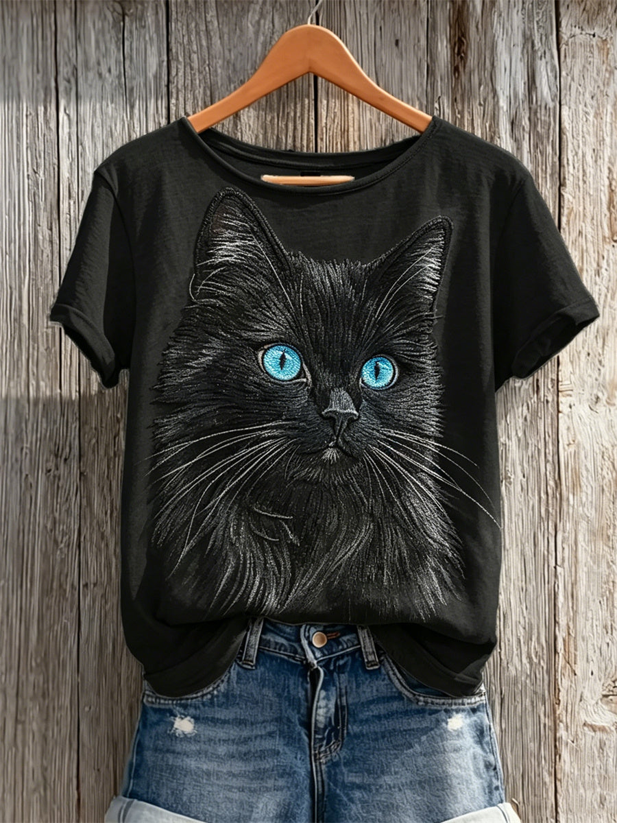 Women's Classy Black Cat Print short-sleeved T-shirt gracestitchs