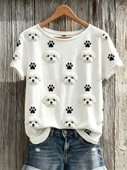 Women's Lovely Maltese Dogs & Paw Prints Pattern Print short-sleeved T-shirt gracestitchs