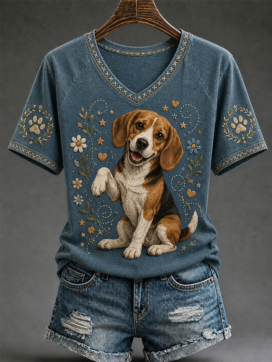 Women's Retro Dog Print Casual V-Neck Tee gracestitchs