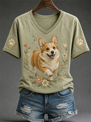 Women's Retro Dog Print Casual V-Neck Tee gracestitchs