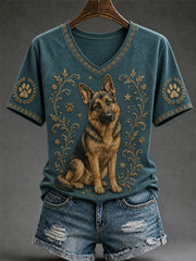 Women's Retro Dog Print Casual V-Neck Tee gracestitchs