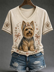 Women's Retro Dog Print Casual V-Neck Tee gracestitchs