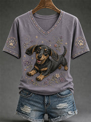 Women's Retro Dog Print Casual V-Neck Tee gracestitchs