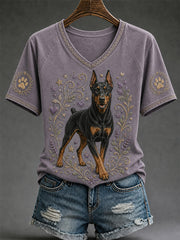 Women's Retro Dog Print Casual V-Neck Tee gracestitchs