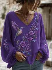 Women's Purple Floral & Hummingbird Print Alzheimer's Awareness Support V-Neck Tee