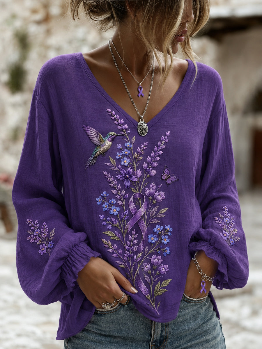 Women's Purple Floral & Hummingbird Print Alzheimer's Awareness Support V-Neck Tee gracestitchs