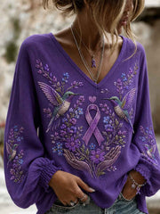 Women's Purple Floral & Hummingbird Print Alzheimer's Awareness Support V-Neck Tee