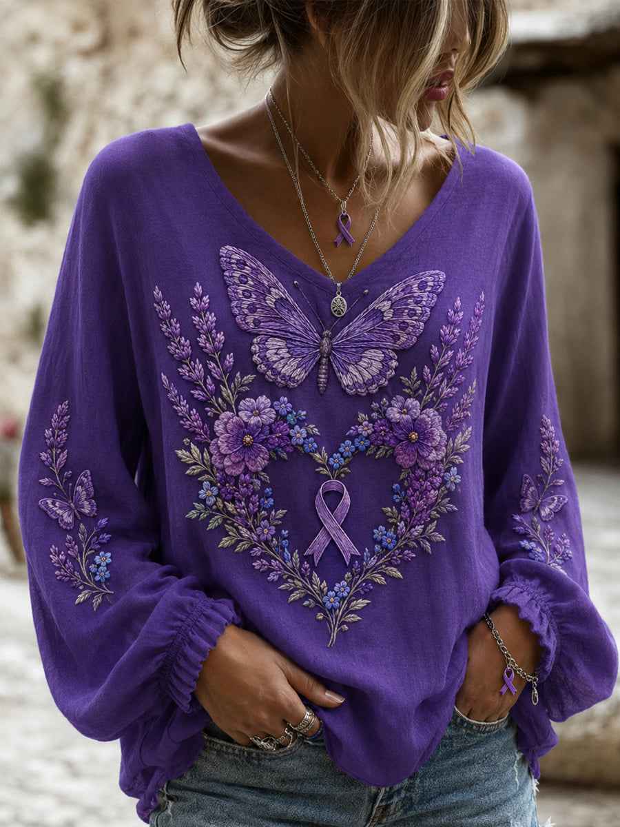 Women's Purple Floral & Hummingbird Print Alzheimer's Awareness Support V-Neck Tee