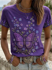 Women's Purple Floral & Butterfly Print Alzheimer's Awareness Support Tee