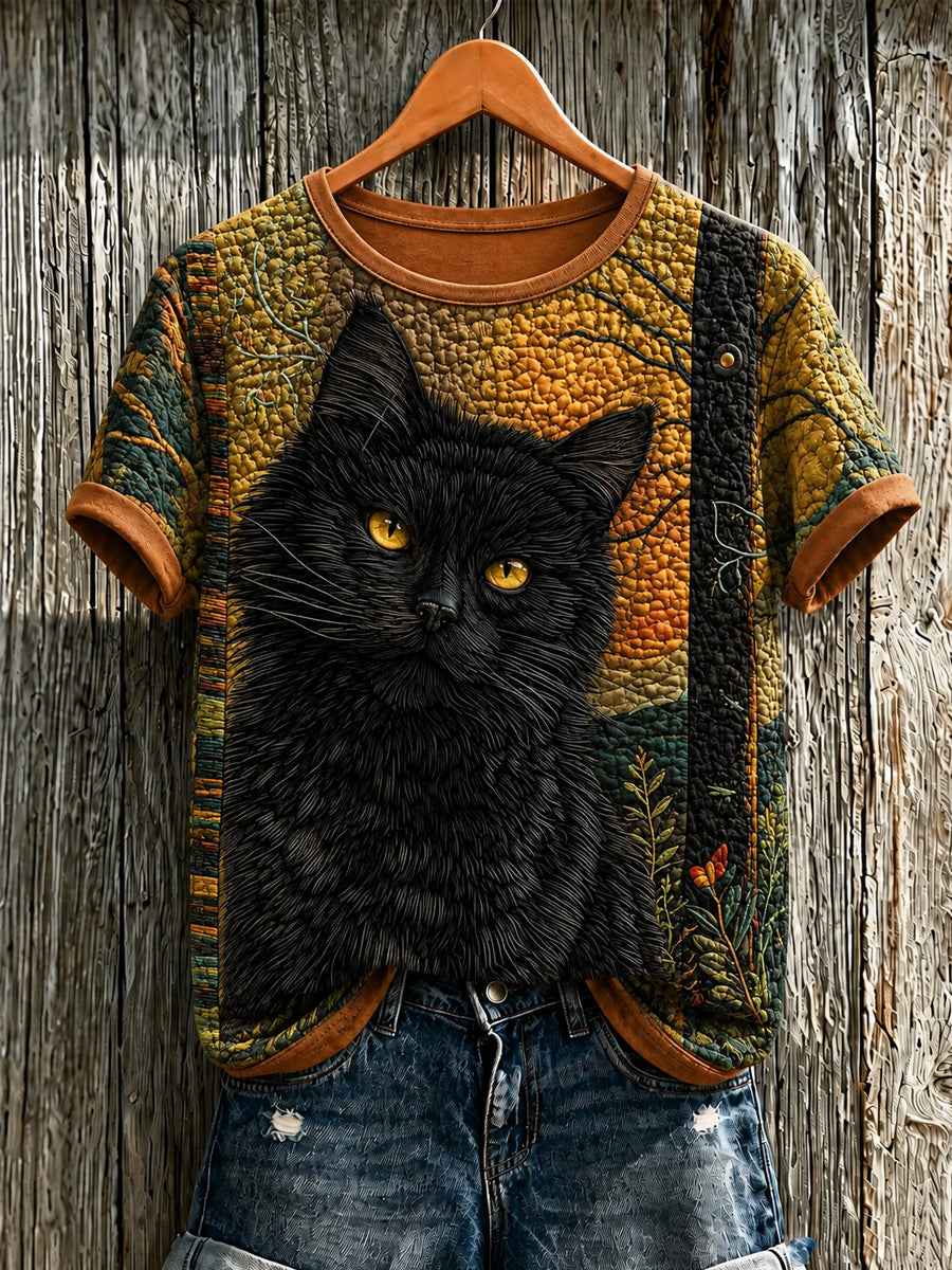 Women's Cute Cat Art Printed Short Sleeve T-shirt