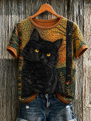 Women's Cute Cat Art Printed Short Sleeve T-shirt