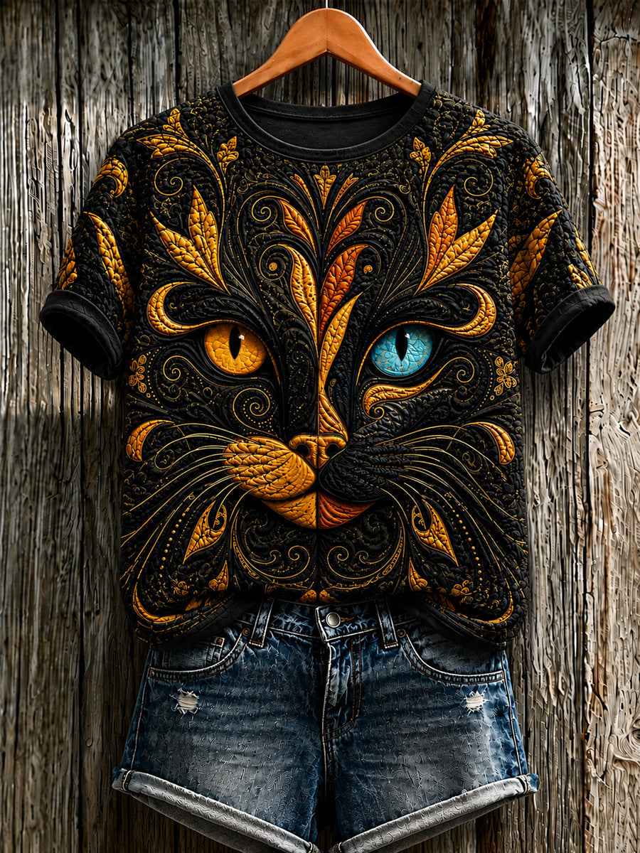 Women's Cute Cat Art Printed Short Sleeve T-shirt
