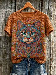 Women's Cute Cat Art Printed Short Sleeve T-shirt