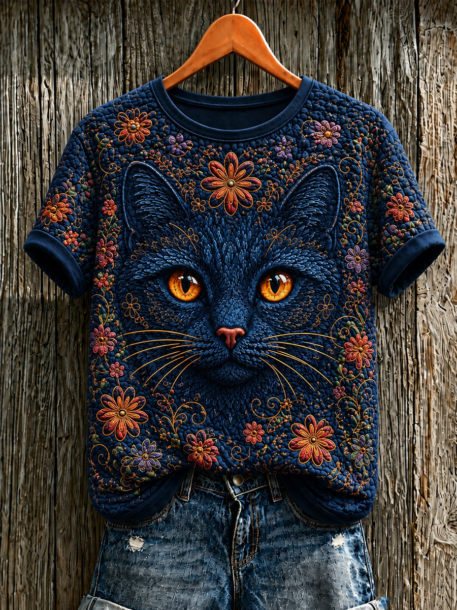 Women's Cute Cat Art Printed Short Sleeve T-shirt gracestitchs