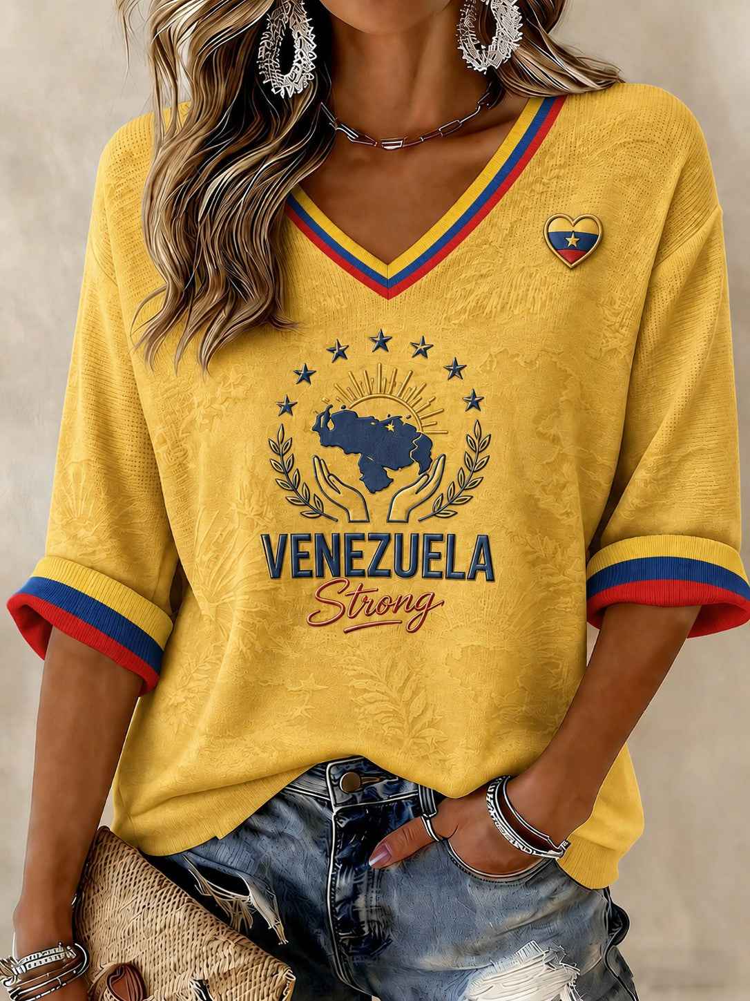 Women's Venezuela Strong Printed Mid-length Sleeves V-Neck T-Shirt