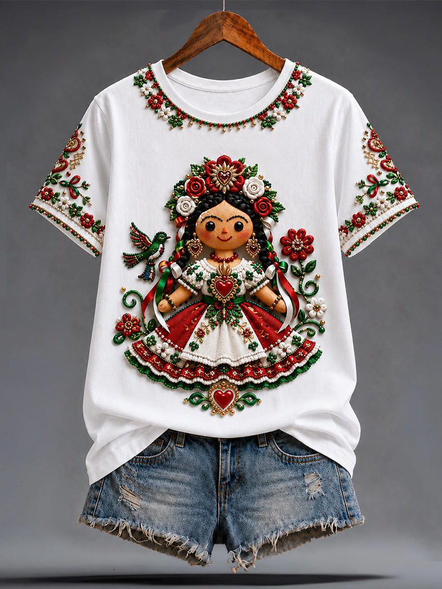 Women's Guelaguetza Mexico Lele Doll Art Printed T-shirt gracestitchs