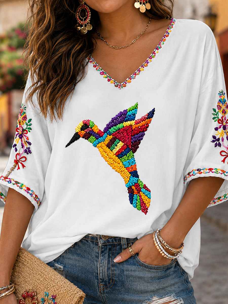 Women's Guelaguetza Mexico Art Printed Linen Tops