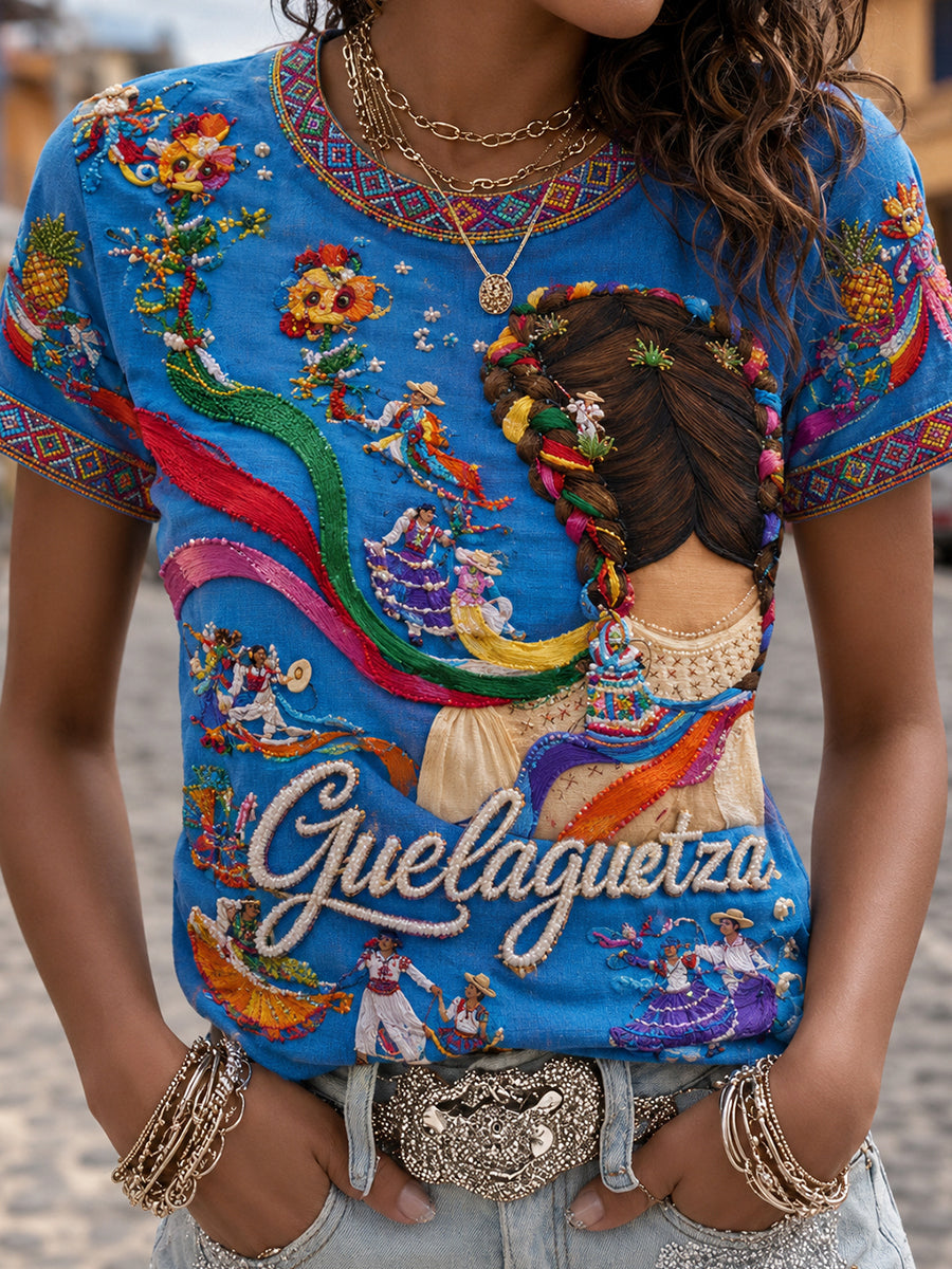 Women's Guelaguetza Mexico Art Printed Linen T-shirt gracestitchs