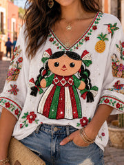 Women's Mexico Guelaguetza Lele Doll Art Printed Linen T-shirt gracestitchs