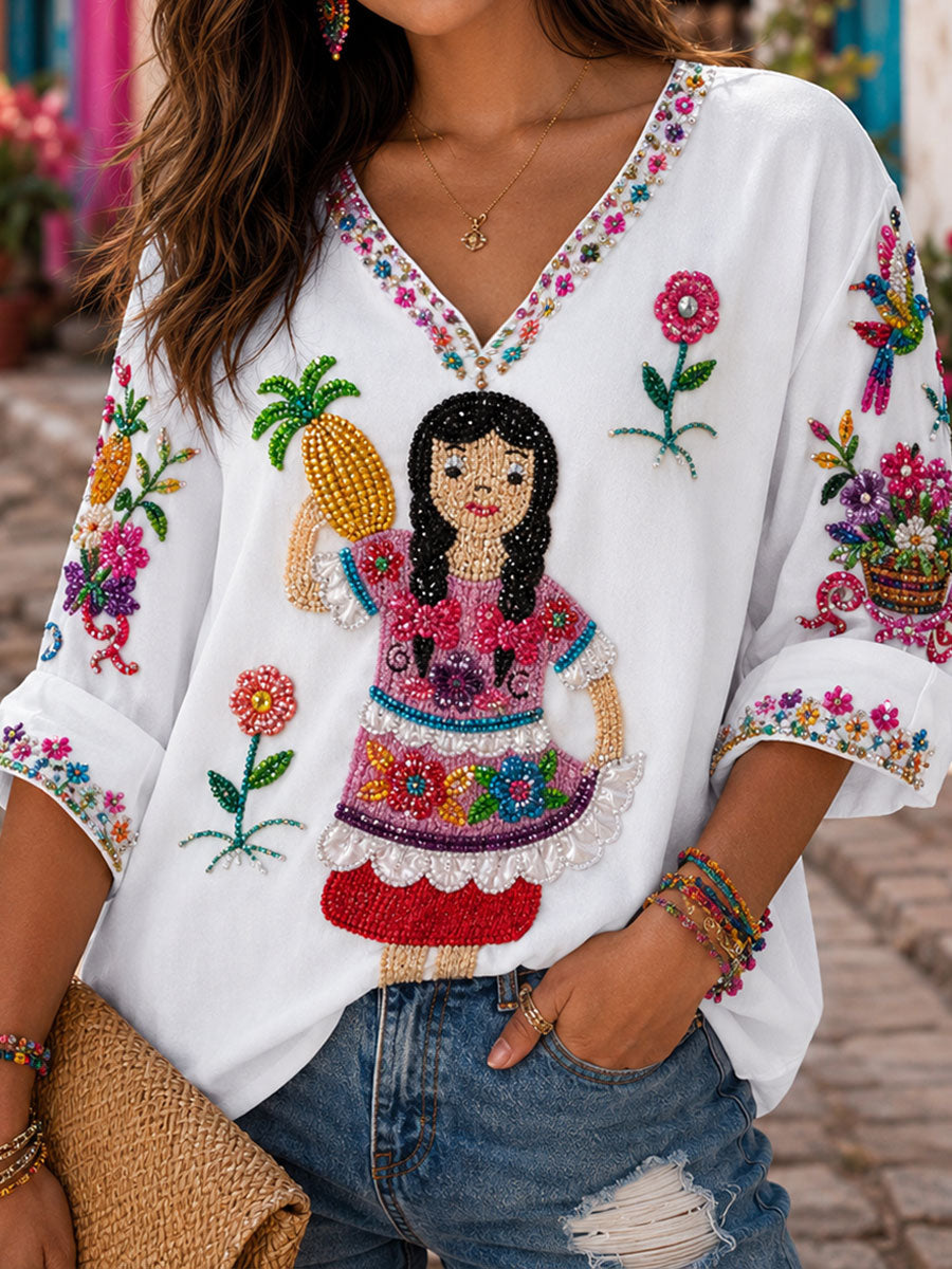 Women's Mexico Guelaguetza Lele Doll Art Printed Linen T-shirt gracestitchs