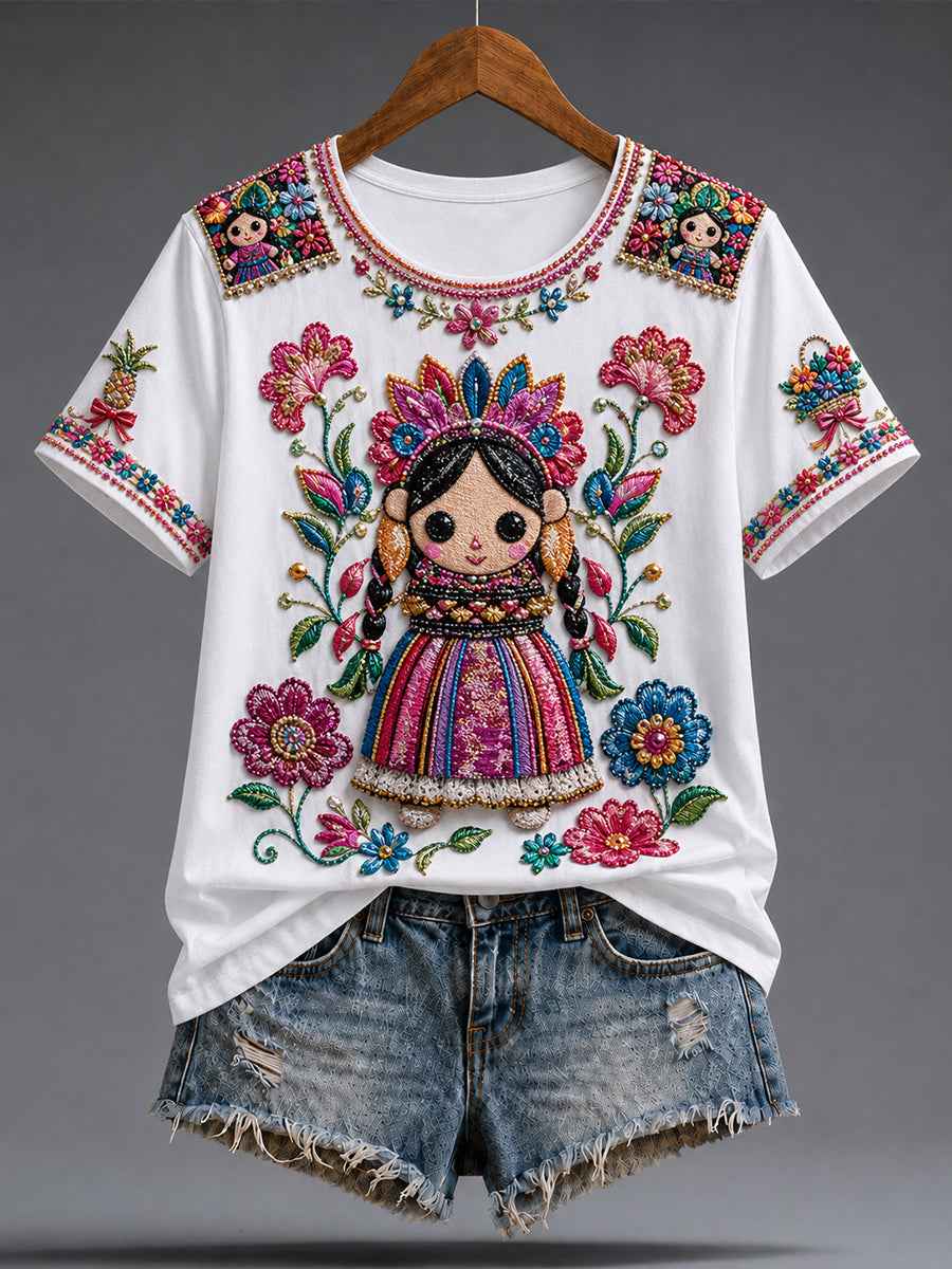 Women's Mexico Guelaguetza Lele Doll Art Printed T-shirt