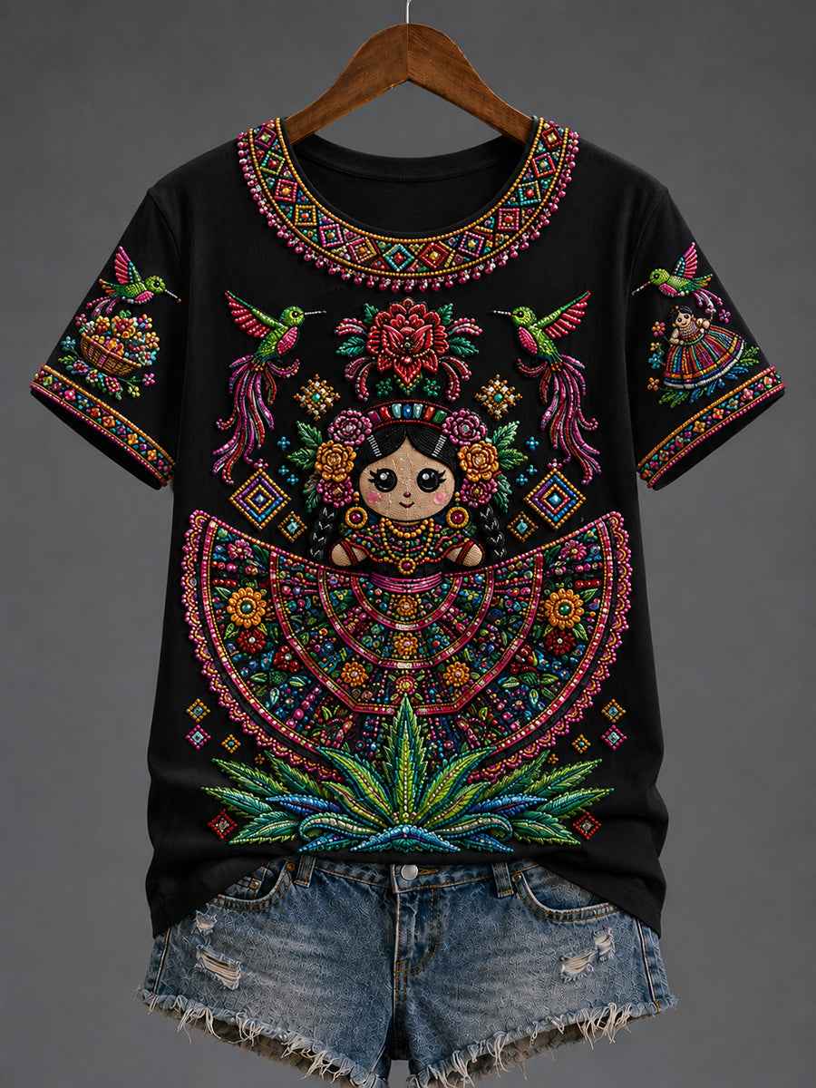 Women's Mexico Guelaguetza Lele Doll Art Printed T-shirt
