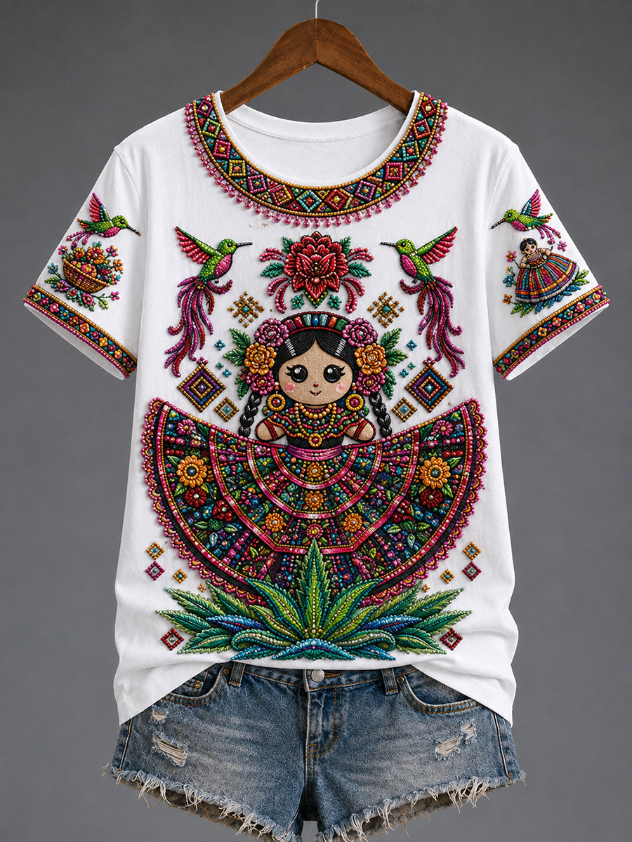 Women's Mexico Guelaguetza Lele Doll Art Printed T-shirt gracestitchs