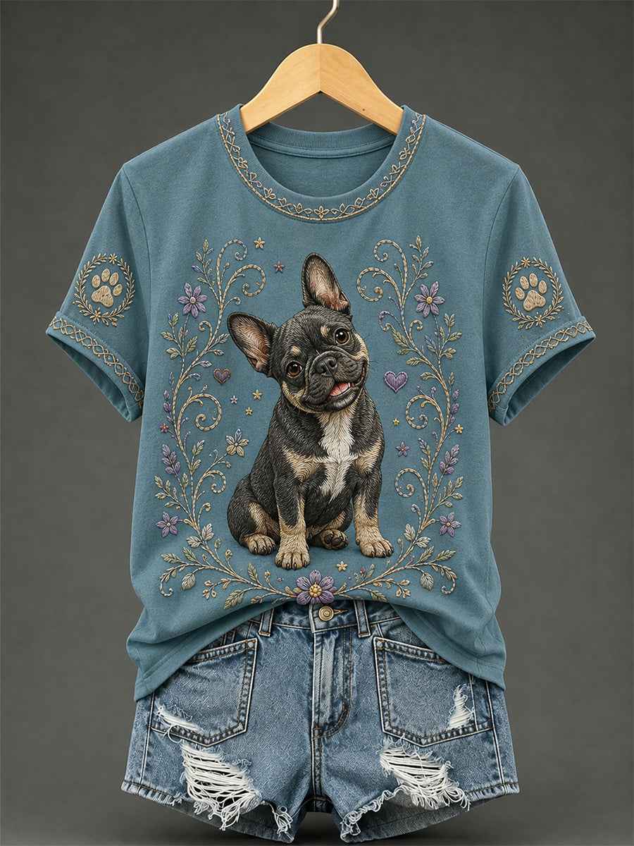 Women's Retro Floral Dog Print Casual Tee