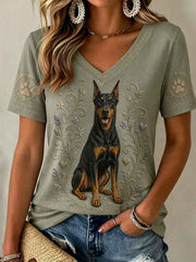 Women's Retro Floral Dog Print Casual V-Neck Tee