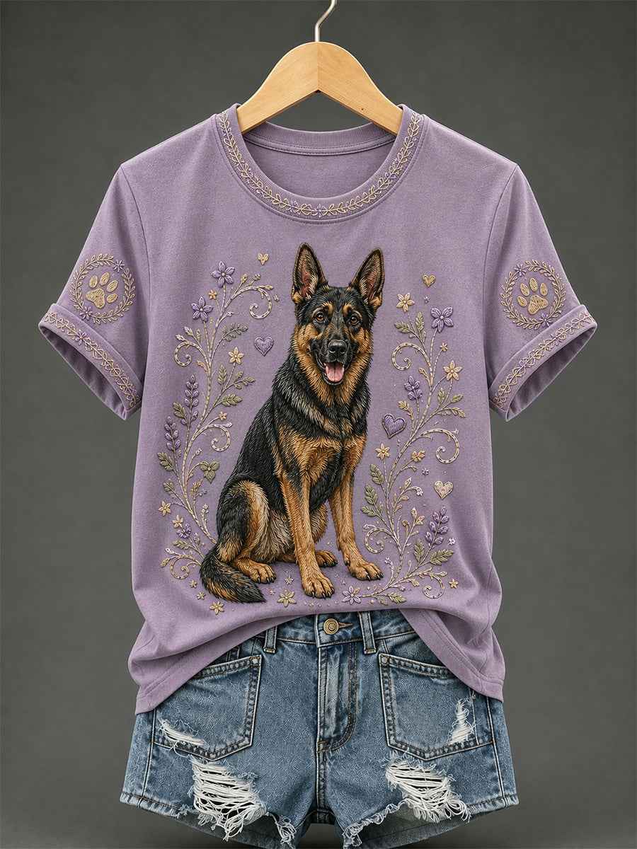 Women's Retro Floral Dog Print Casual Tee