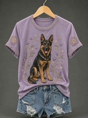 Women's Retro Floral Dog Print Casual Tee