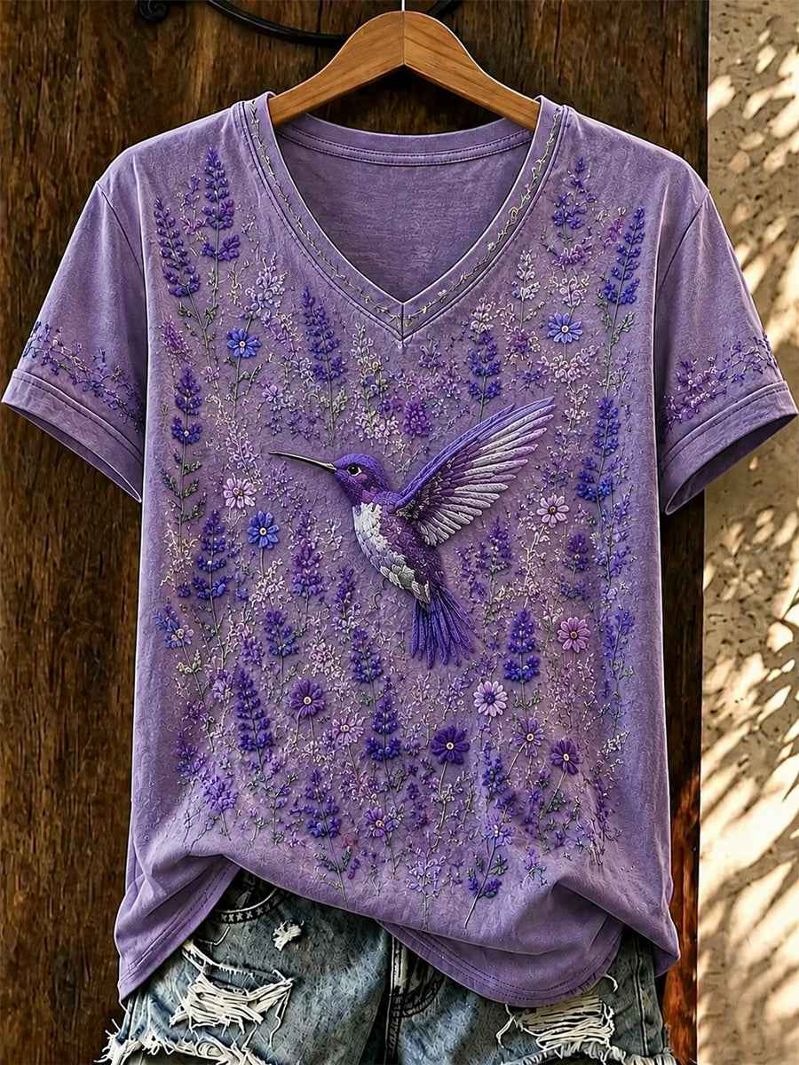 Women's Purple Flora Art Printed V-neck T-shirt