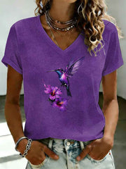 Women's Purple Flora Art Printed V-neck T-shirt