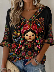Women's Mexico Guelaguetza Lele Doll Art Printed T-shirt