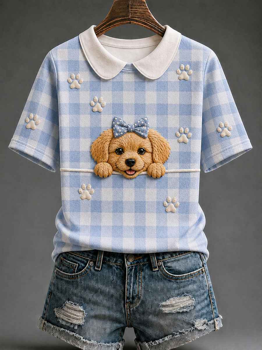 Women's Golden Retriever Plaid Print Casual T-Shirt