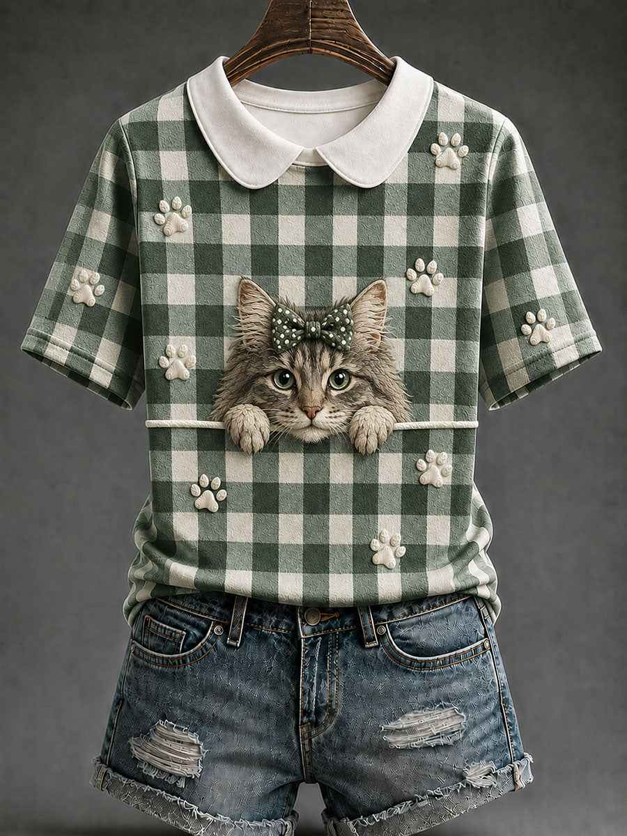 Women's Maine Coon Cat Plaid Print Casual T-Shirt