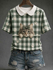 Women's Maine Coon Cat Plaid Print Casual T-Shirt