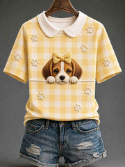 Women's Beagle Plaid Print Casual T-Shirt