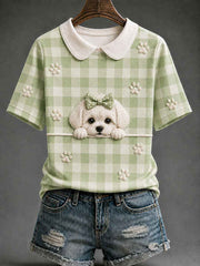 Women's Maltese Dog Plaid Print Casual T-Shirt