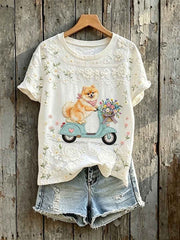 Women's Cute Floral Pomeranian Dog Print Short-sleeved T-shirt
