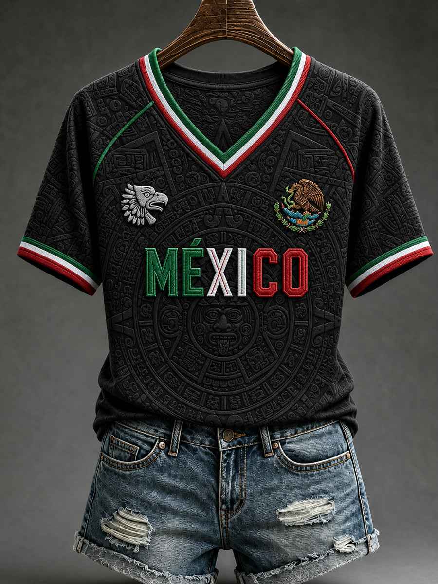 Women's Mexico Football Lover Art V-neck Off-shoulder Short Sleeve T-shirt
