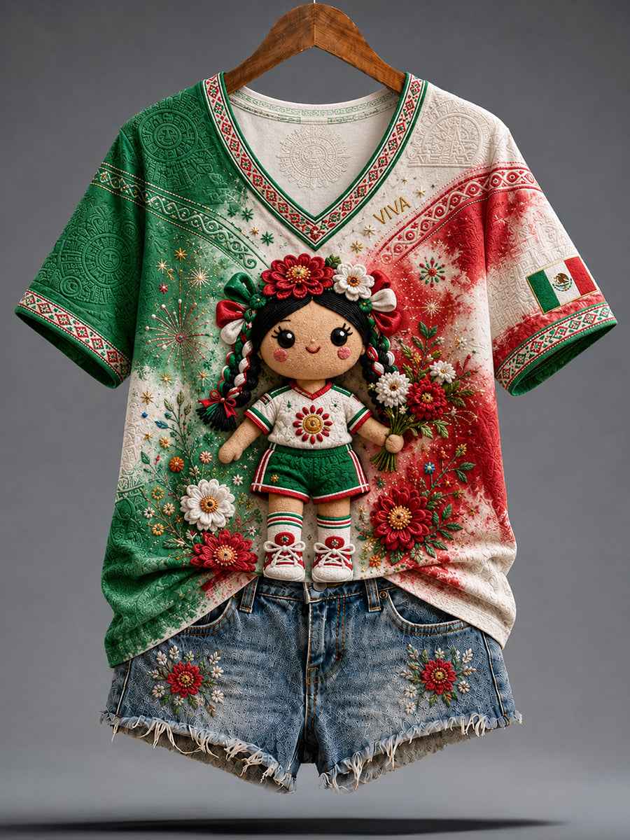 Women's Funny Lele Doll Mexico Football Lover Art Printed T-Shirt
