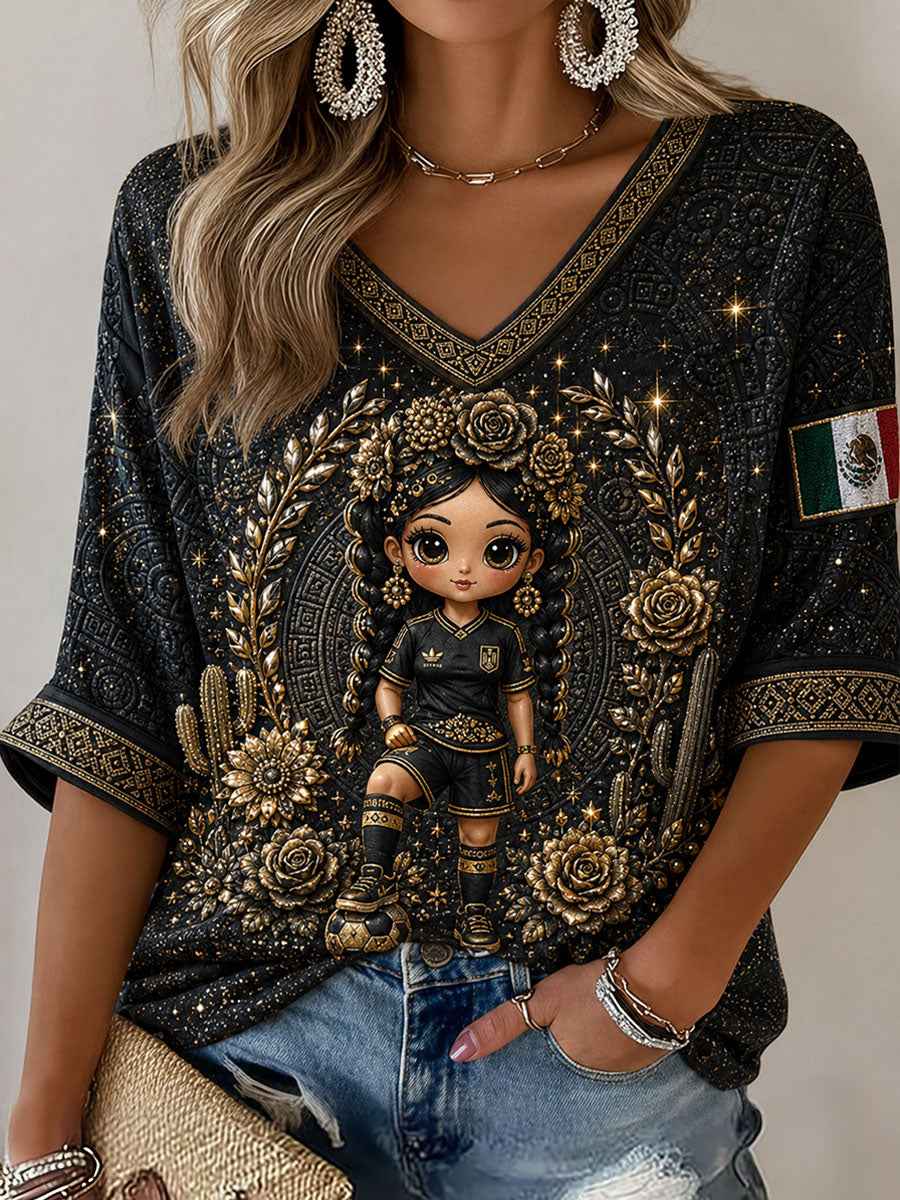 Women's Mexico Football Lover Lele Doll Art Printed T-shirt
