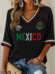 Women's Mexico Football Lover Art Mid-length Sleeves V-Neck T-Shirt