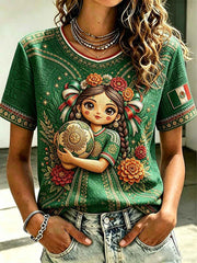 Women's Mexico Football Lover Lele Doll Art Printed T-shirt