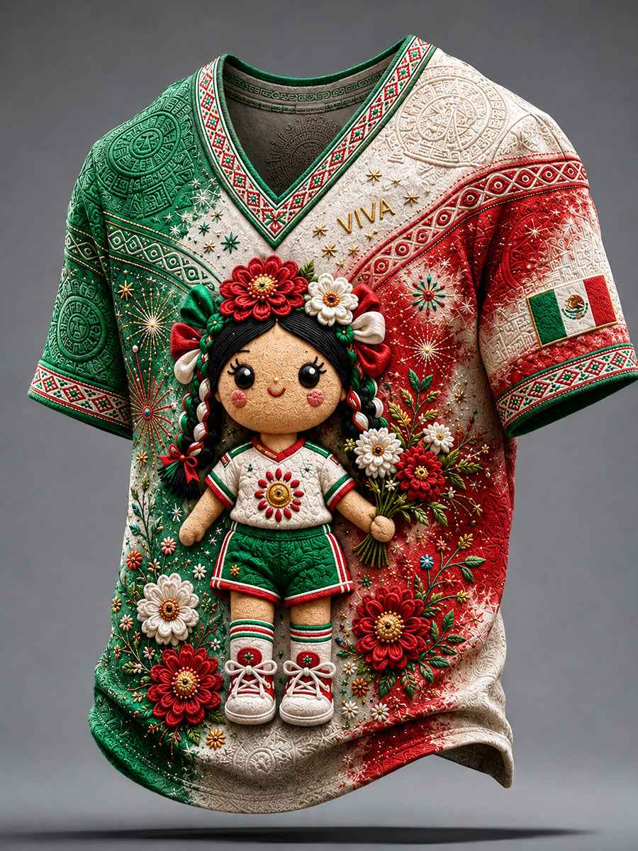Men's Mexico Football Lover Lele Doll Art Printed V-neck T-shirt